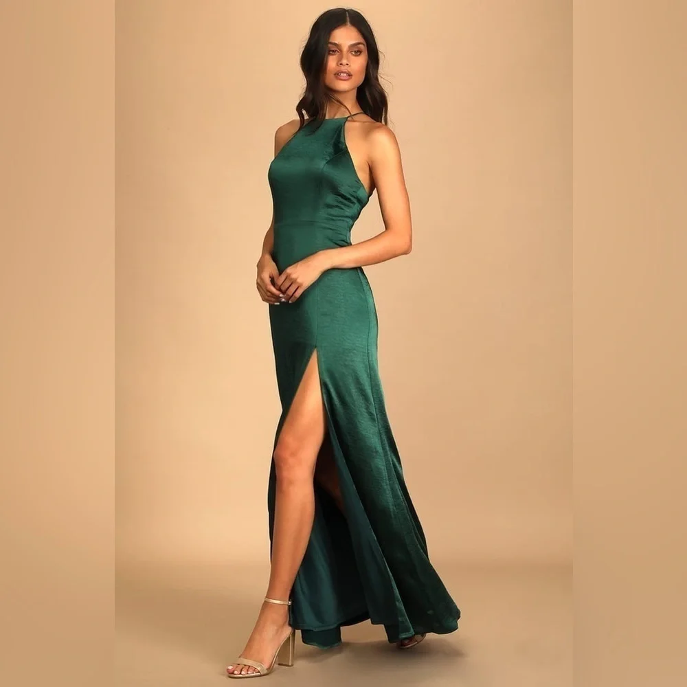 NWOT Lulus Make it Elegant Emerald Green‎ Satin Strappy Maxi Dress